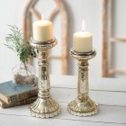 Mercury Glass Pillar Candle Holders - Set of 2